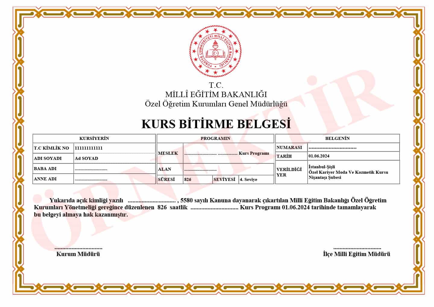 Protez Tırnak Kursu Örnek Sertifika